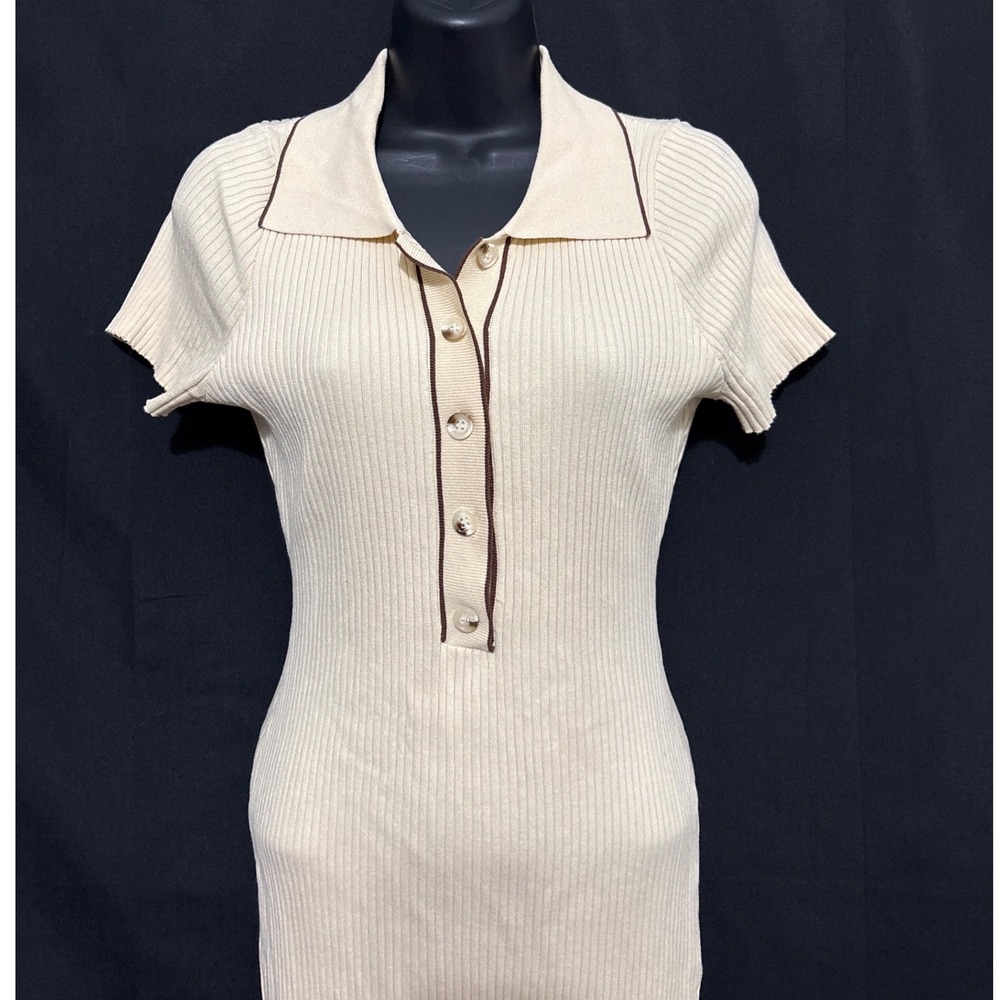 Fashion Nova L Cream Ribbed Polo Bodycon Dress Short Sleeve Academia Office - Picture 4 of 10